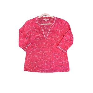 Boden Size 6 Bright Pink Cotton Split Neck Tunic 3/4 Sleeve Crochet Detail